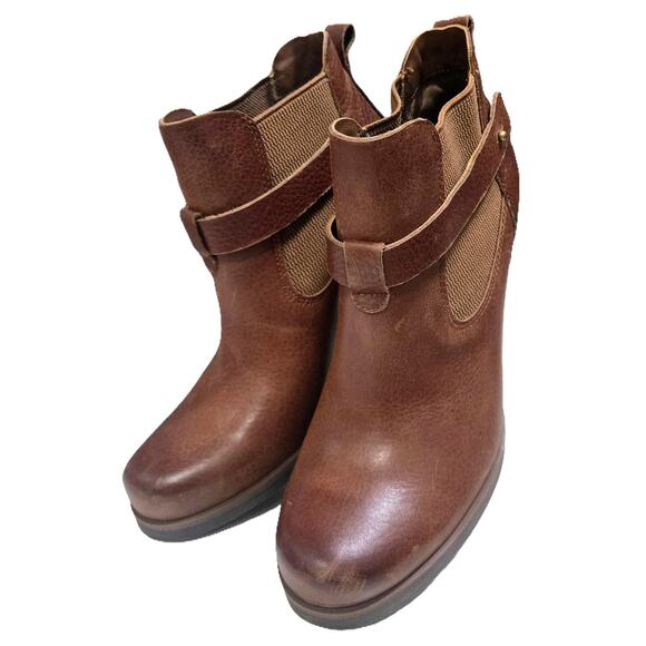 Korks by Kork-Ease Brown Leather Chunky Heel Adj Strap Ankle Booties size 7.5M - Picture 1 of 7